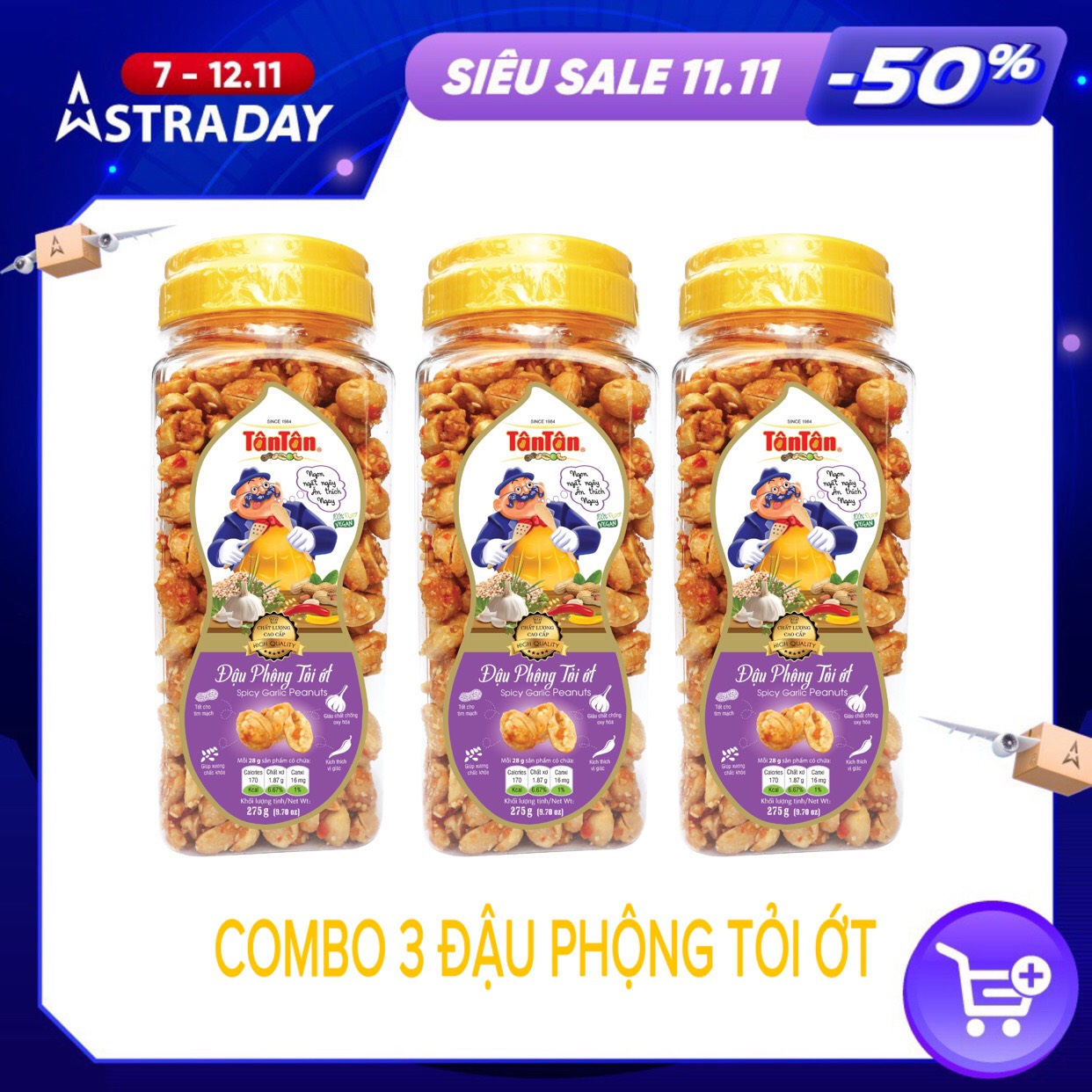 Combo 3 Hũ Đậu Phộng Tỏi Ớt Tân Tân (275gx3)