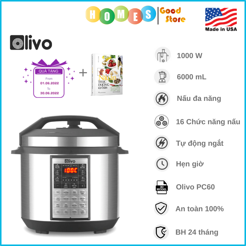 Nồi Áp Suất Điện OLIVO PC60 Thương Hiệu Mỹ, Gồm 16 Chức Năng Van An Toàn Tuyệt Đối Dung Tích 6 Lít Công Suất 1000 W - Hàng Chính Hãng