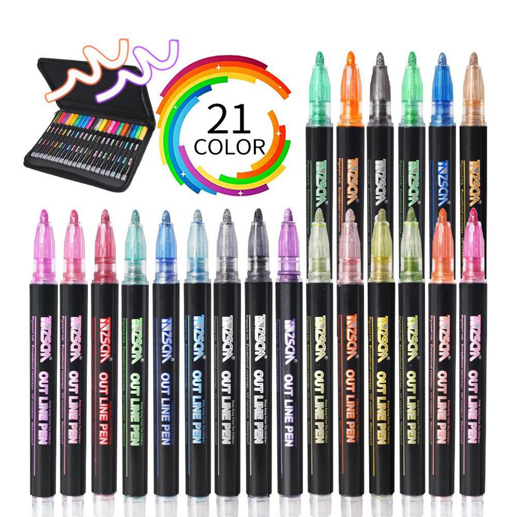 Double Line Outline Pens 21 Colors Self-Outline Metallic Markers Glitter Pens