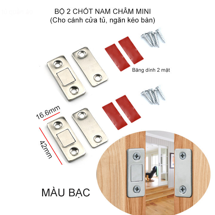 Bộ 2 chốt nam châm mini cho cửa tủ, ngăn kéo bàn, cửa trượt với nam châm lực hút mạnh có băng dính 2 mặt và vít