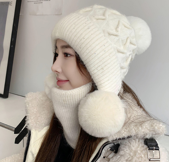 Mũ len nữ trùm đầu quả bông phong cách Hàn, nón len nữ cao cấp mới