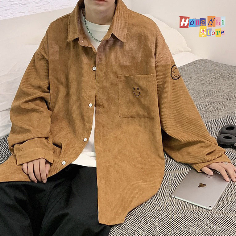 Áo Sơ Mi Nhung Tăm Thêu Hình Mặt Cười Tay Dài Dáng Rộng Nam Nữ Ulzzang Unisex - MM