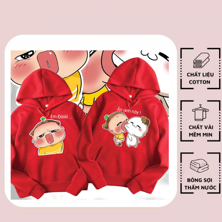 Áo Đôi Nam Nữ MM13, Áo Đôi NỈ Có Mũ In Mèo Em Đói, Vải Nỉ Bông In Hình Dễ Thương