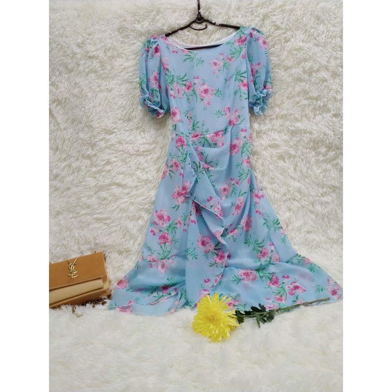 Đầm voan hoa cổ tròn,tay ngắn,nhúng bèo