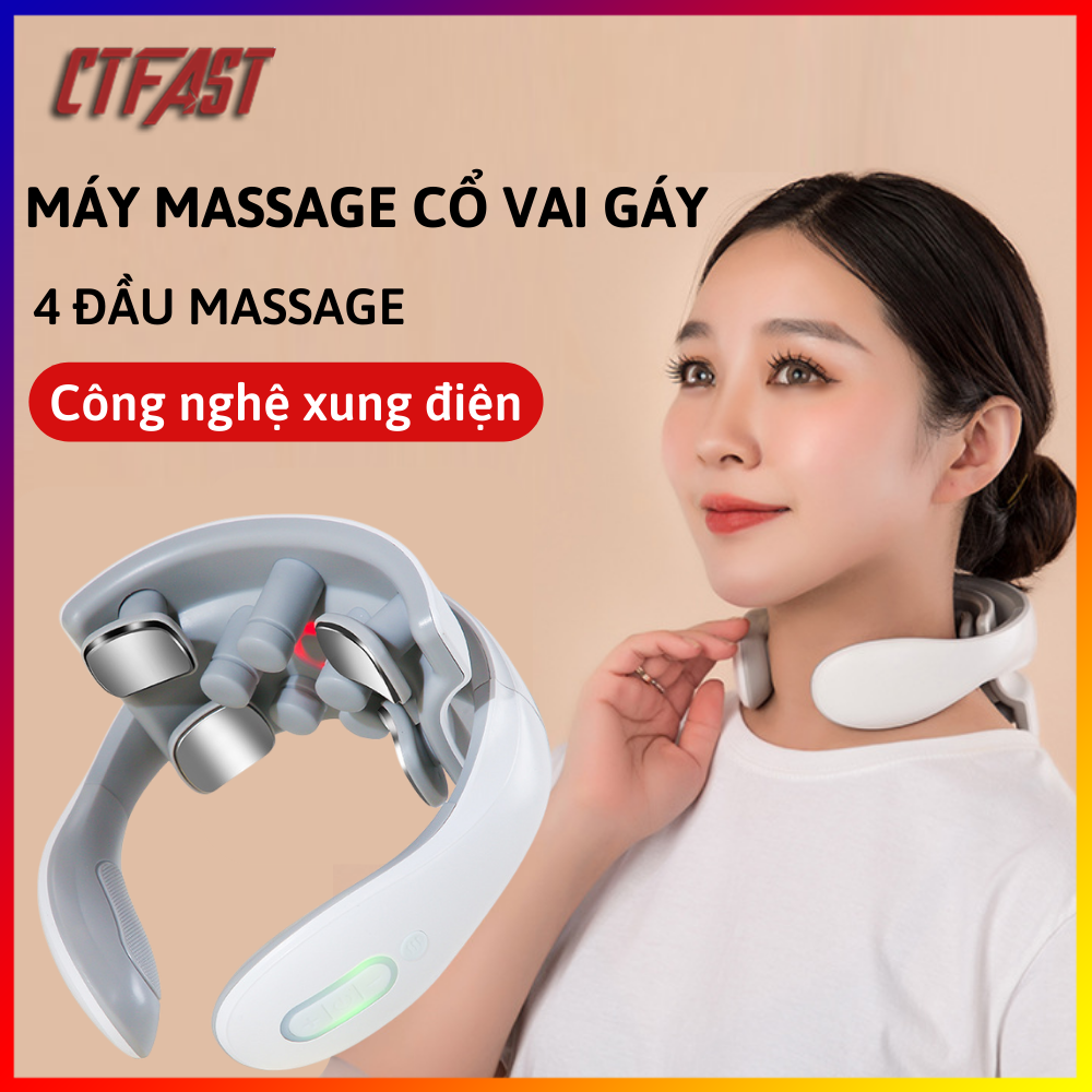 Máy massage cổ vai gáy CTFAST JT-88, máy mát xa nhiệt 4 đầu xung điện cùng 5 đầu rung hỗ trợ xoa bóp giảm nhức mỏi, thư giãn cột sống - Hàng cao cấp loại 1