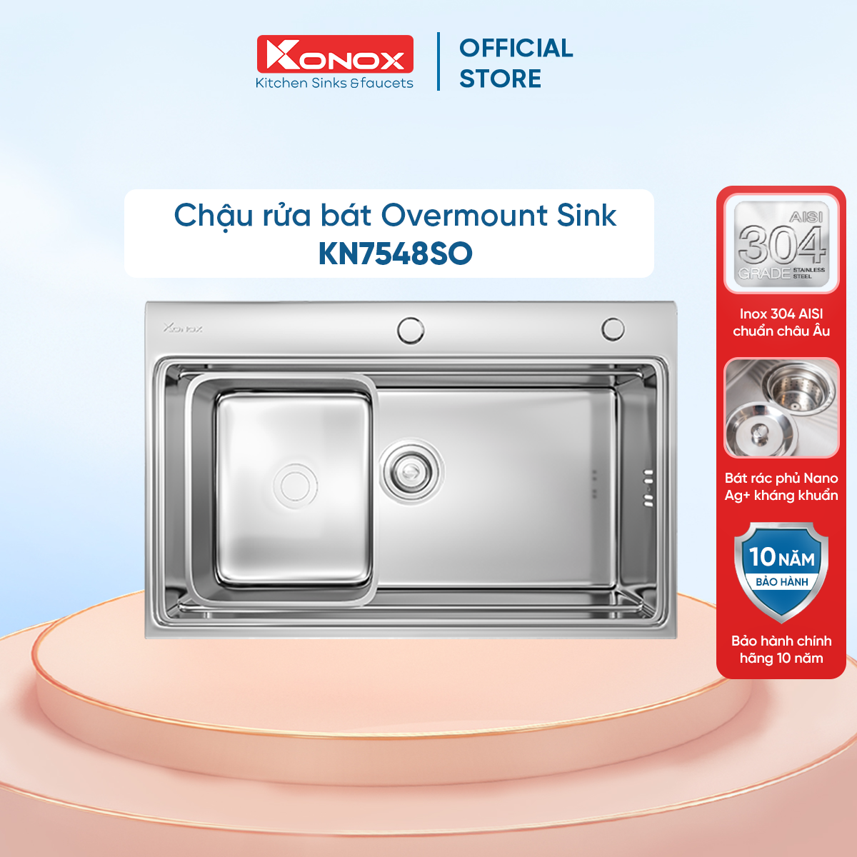 Chậu rửa bát Konox, Overmount Series, Model KN7548SO, Inox 304 cao cấp, 750*480*230mm, Hàng chính hãng