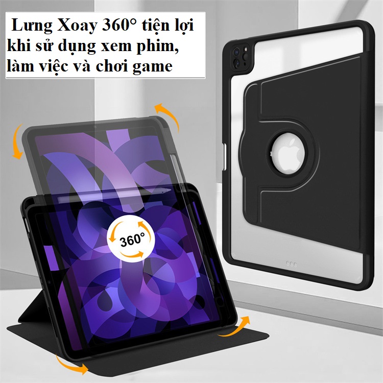 Bao Da TPU Xoay 360° Dành Cho iPad Pro 11 inch , iPad M2/ M1, iPad Air 4/ Air 5 10.9 inch iPad 10 2022 Gen 10 Xoay dựng đứng và ngang, Phía trong có ngăn đưungj bút tiện lợi