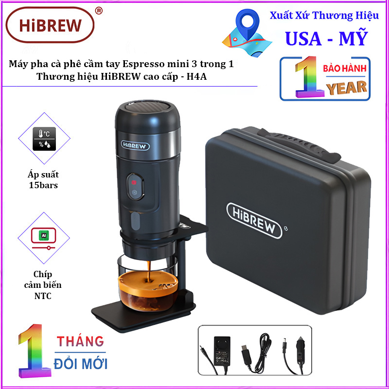 Máy pha cà phê cầm tay Espresso mini 3 trong 1, thương hiệu Mỹ HiBREW cao cấp H4A và H4B - HÀNG CHÍNH HÃNG