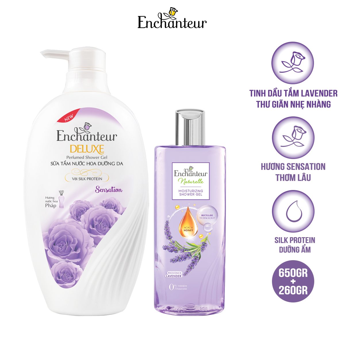 Combo Sữa tắm Enchanteur Naturelle hương hoa Lavender 260g + Sữa Tắm Nước Hoa Dưỡng Da Sensation 650G