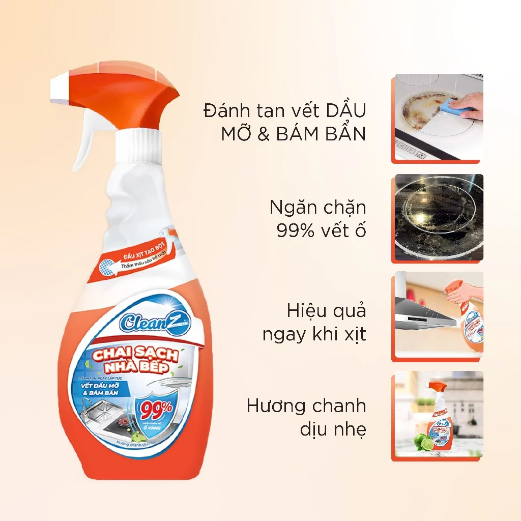 Combo 3 chai sạch đa năng Cleanz hương Chanh (không xịt bọt) + Quà tặng