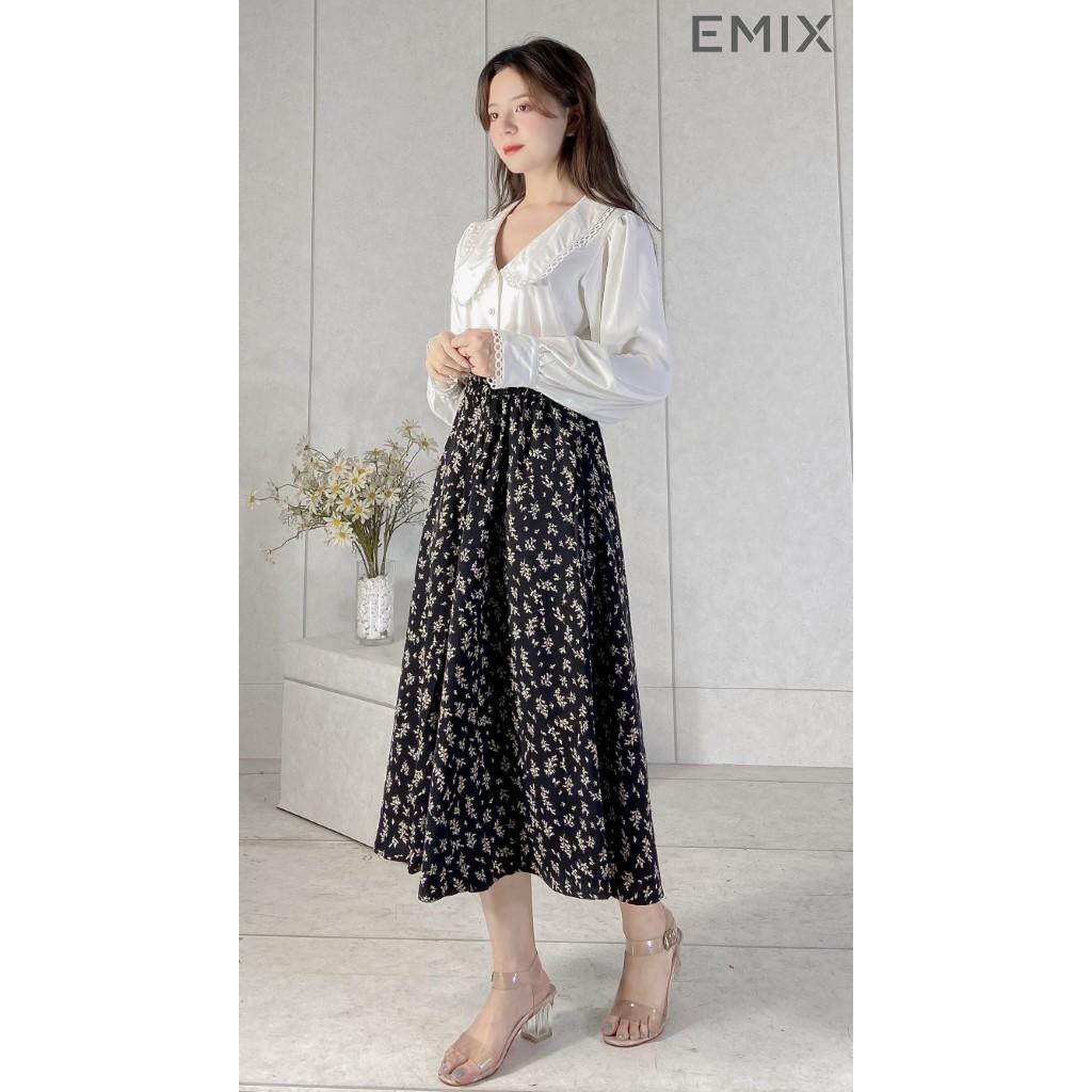 Chân váy nữ hoa nhí hoa đen EMIX , ulzzang, dáng dài, cạp chun, vải lụa mềm, co giãn, 1 lớp nhưng không lộ