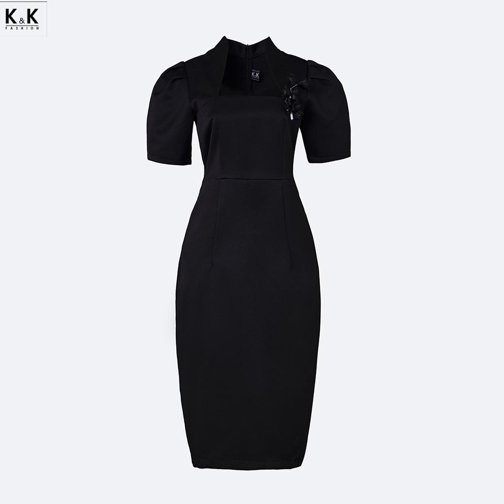 Đầm Đen Ôm Body Đính Hoa K&amp;K Fashion KK130-13 Chất Liệu Tafta 2 Da