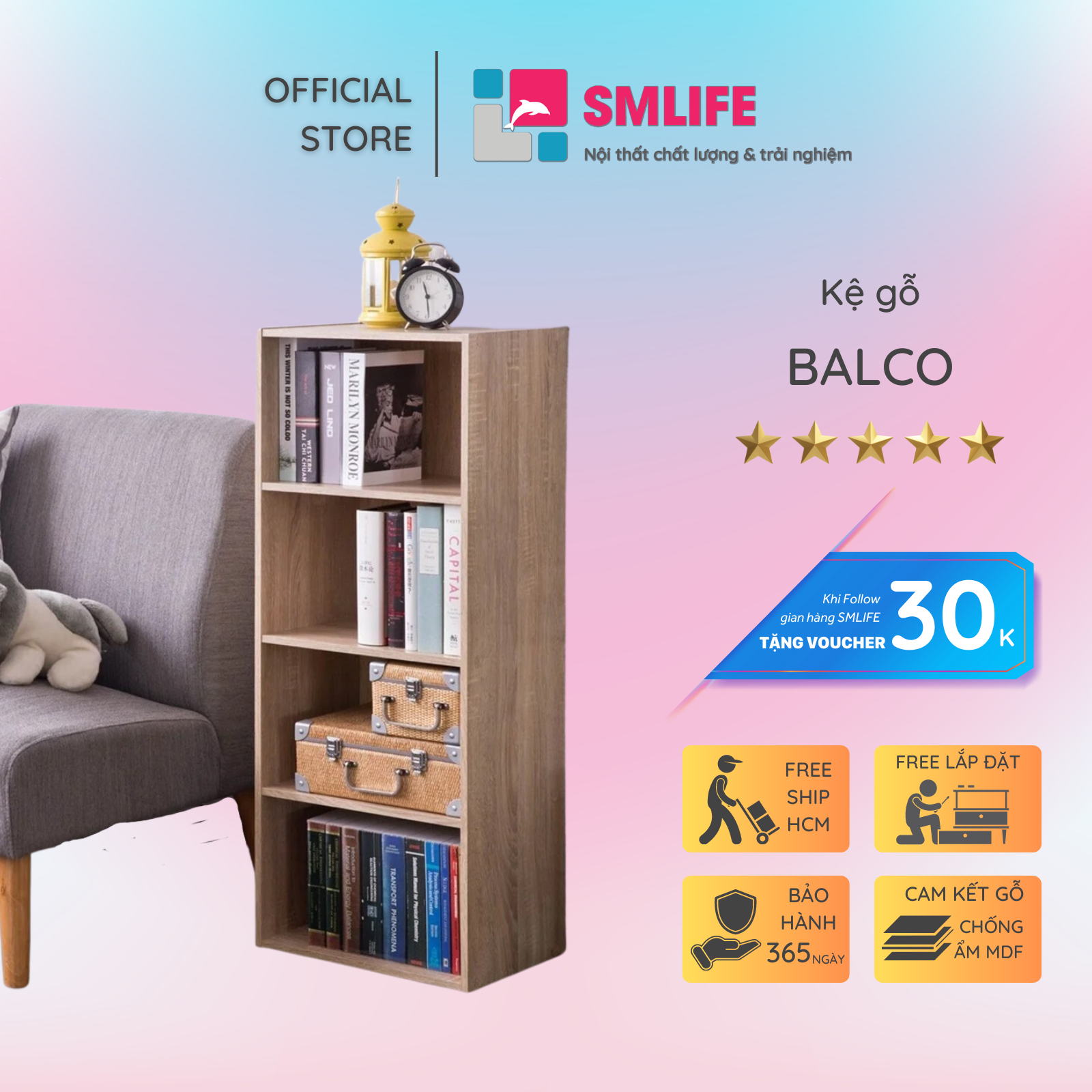 Kệ sách gỗ MDF cao cấp mẫu mới nhất SMLIFE Balco