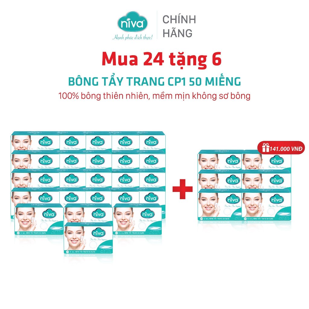 [24 Tặng 6] Bông Tẩy Trang Vuông NIVA Cotton Pads Cao Cấp Cp1 Hộp 50 Miếng Bông Tự Nhiên Mềm Mại An Toàn Với Da Nhạy Cảm