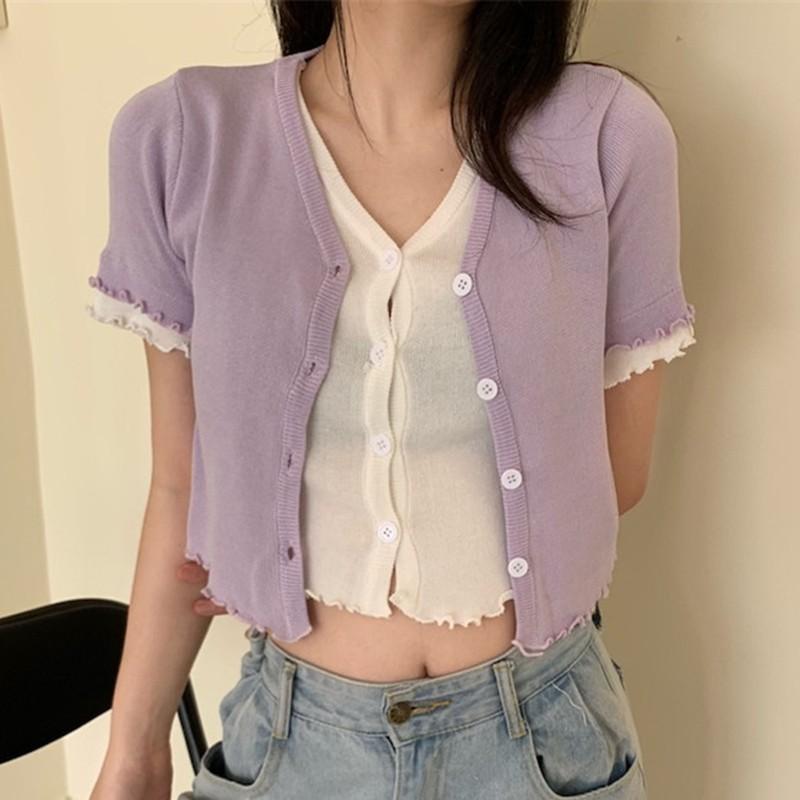 Áo Khoác Cardigan Dệt Kim Cổ Chữ V Màu Trơn Thời Trang Mùa Hè Cho Nữ