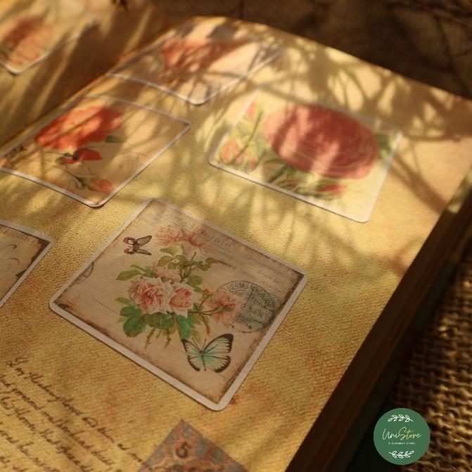 Set 2 tấm sticker vintage - sticker post card vintage chủ đề hoa hồng - uni005