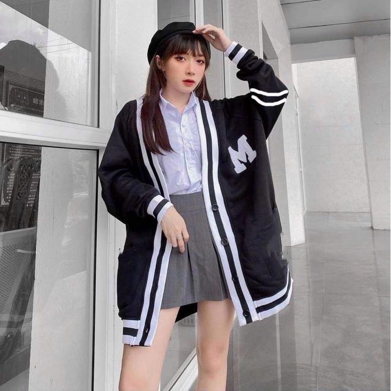 Áo Khoác Cardigan Đen Viền Trắng Chữ M Unisex, Áo Đôi