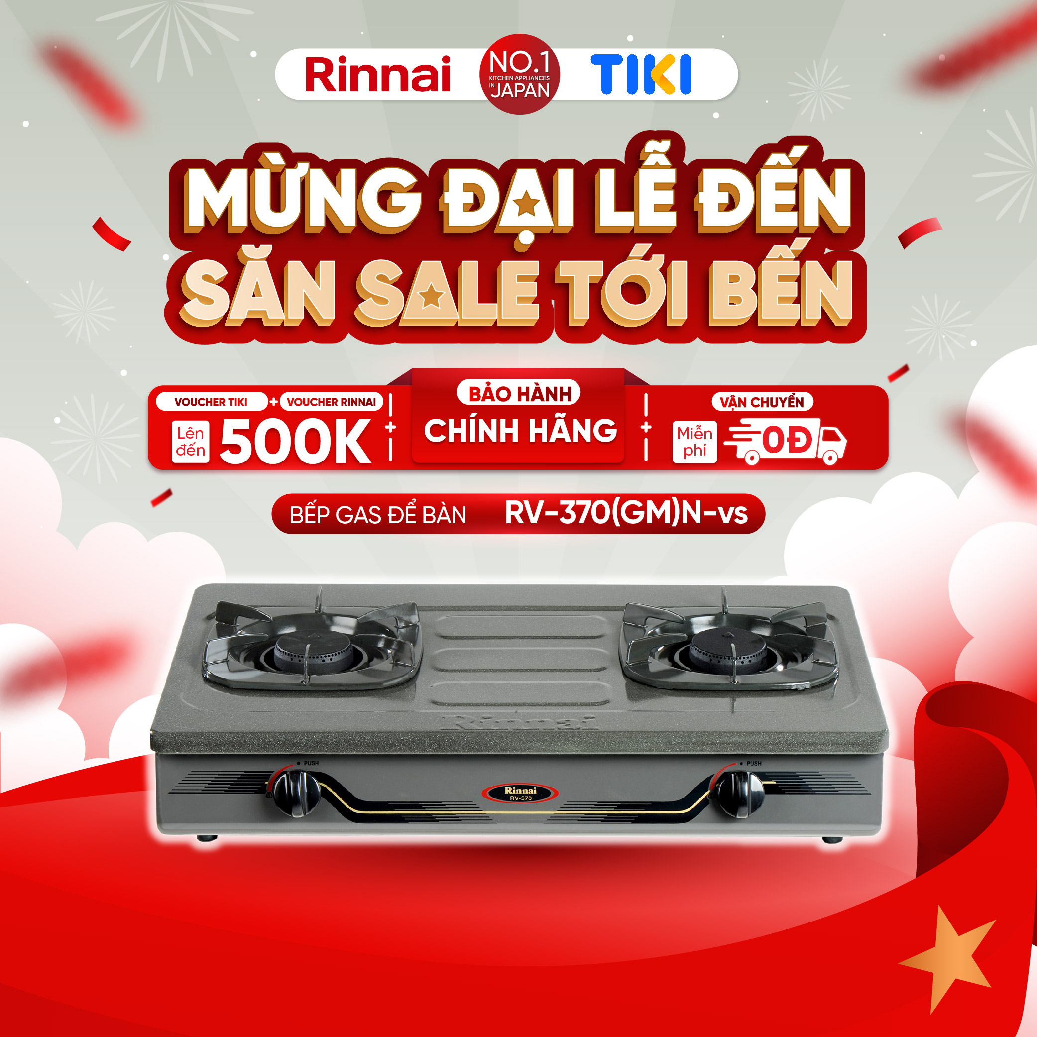 Bếp gas dương Rinnai RV-370(GM)N mặt bếp men và kiềng bếp men - Hàng chính hãng