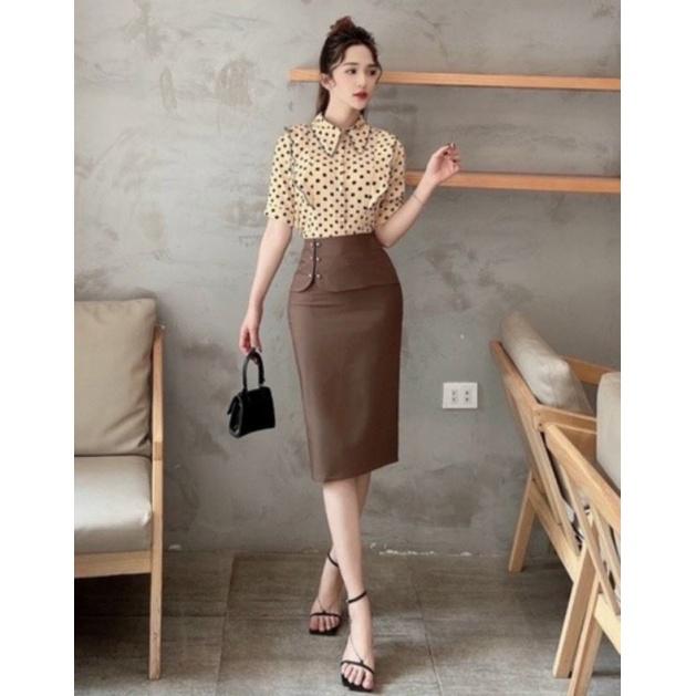 Chân Váy Bút Chì Dáng Dài Công Sở đáp tà đính cúc cách điệu