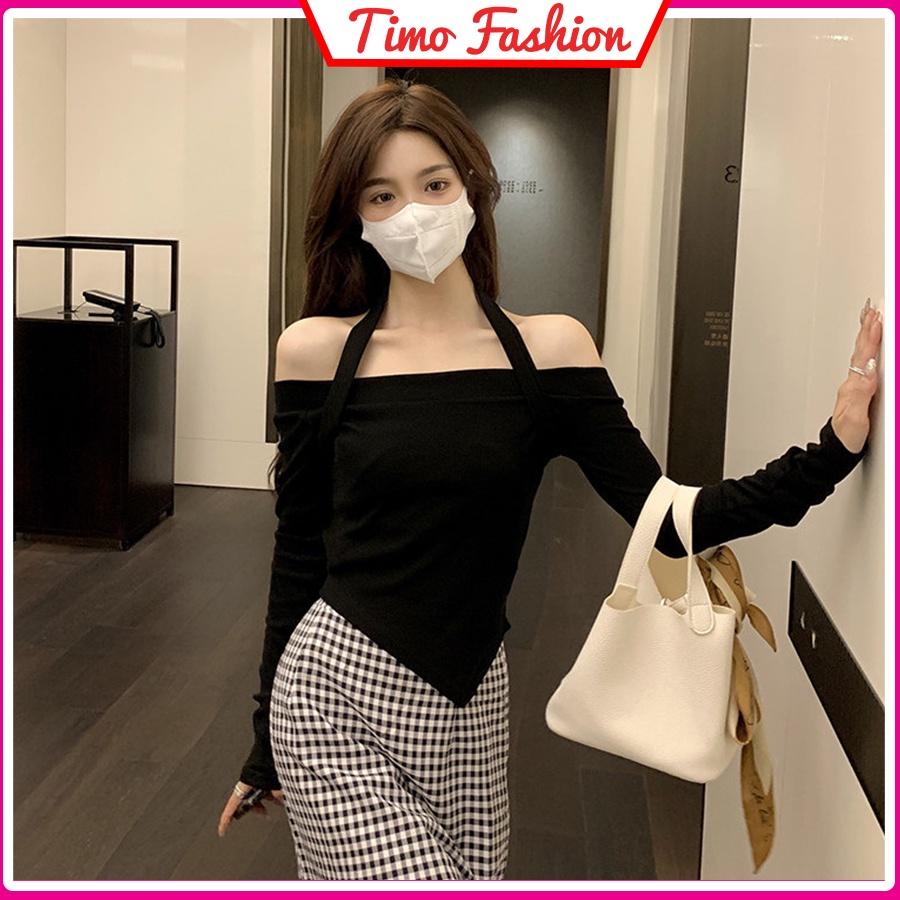 Áo thun tay dài nữ, áo trễ vai, hở vai croptop TIMO kèm dây yếm dáng ôm body sexy Ulzzang phong cách Hàn Quốc AO016