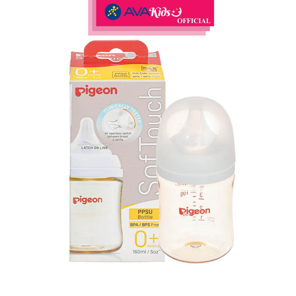 Bình sữa nhựa PPSU Pigeon Softouch Plus WN3 cổ rộng 160 ml (0 - 3 tháng) - Hàng Chính Hãng