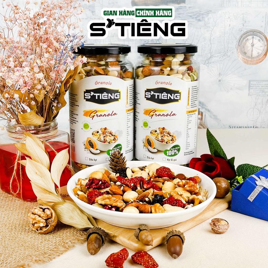 500Gr Granola Siêu Hạt & Quả Sấy STIENG, Hạt Điều, Macca, Hạnh Nhân , Óc Chó, Nho Khô, Hạt Bí Vị Tự Nhiên Hủ Thủy Tinh