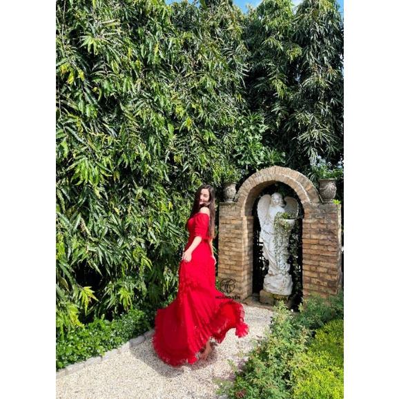 HOANGYEN - Fly Dress voan đỏ bẹt vai phối bèo