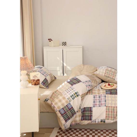 Set Cotton Living 100%cotton Hàng Nhập Khẩu Cao Cấp 4 Món kẻ Nâu Thổ Cẩm