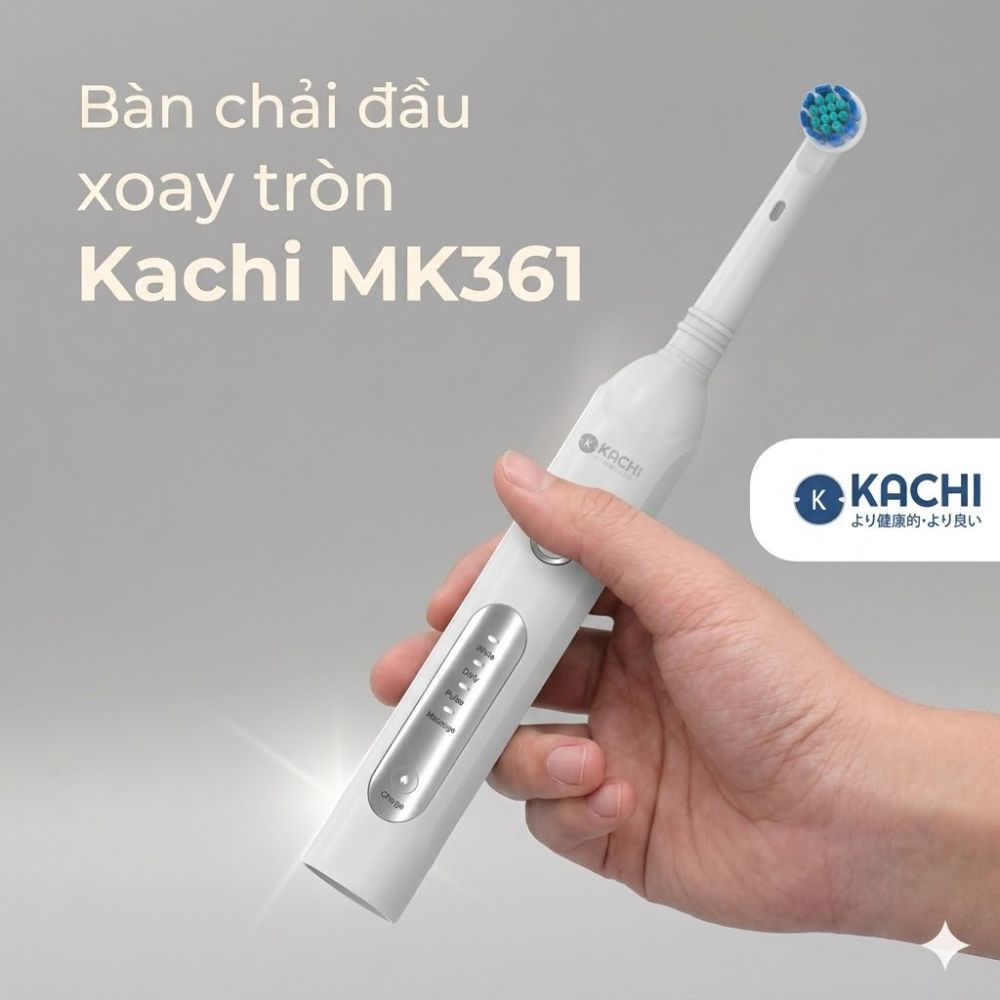 Bàn chải điện đầu xoay tròn Kachi MK361 kèm đế sạc không dây và 2 đầu bàn chải