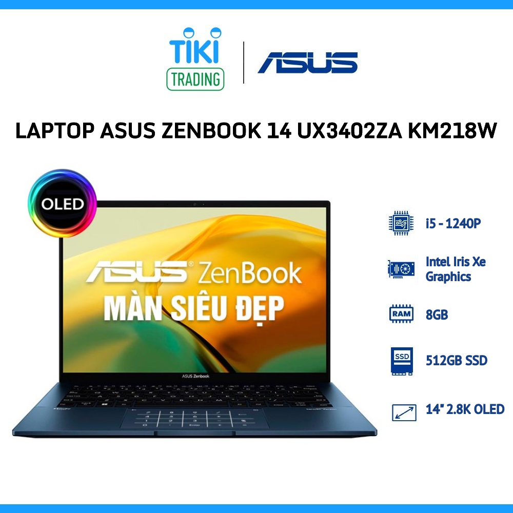 Laptop Asus Zenbook 14 UX3402ZA KM218W (I5-1240P | 8GB | 512GB PCIE | 14&quot; 2.8K OLED | WIN11 | XANH | TÚI) - Hàng Chính Hãng