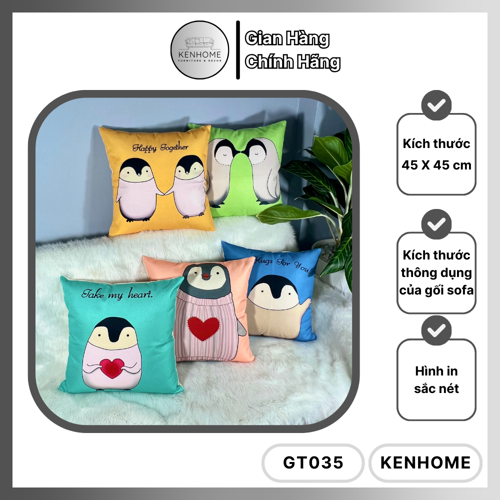 Gối Sofa Họa Tiết Chim Cánh Cụt - Gối Tựa Lưng Sofa Trang Trí Phòng Khách, Phòng Ngủ - Vải Bố Cao Cấp - Kích Thước 45x45cm