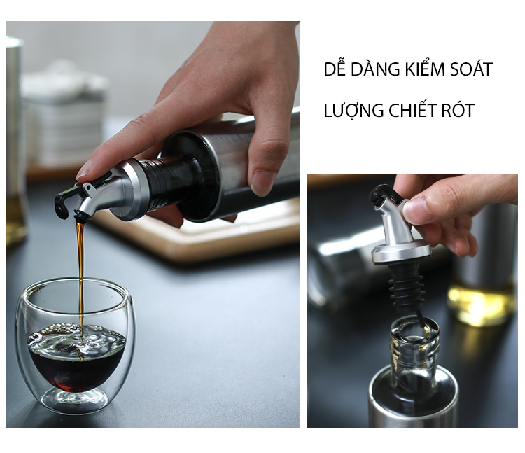 Chai rót dầu ăn, nước tương thủy tinh bọc Inox 304 cao cấp 300ml bằng thủy tinh chai hũ lọ gia vị dụng cụ nhà bếp tiện ích VANDO