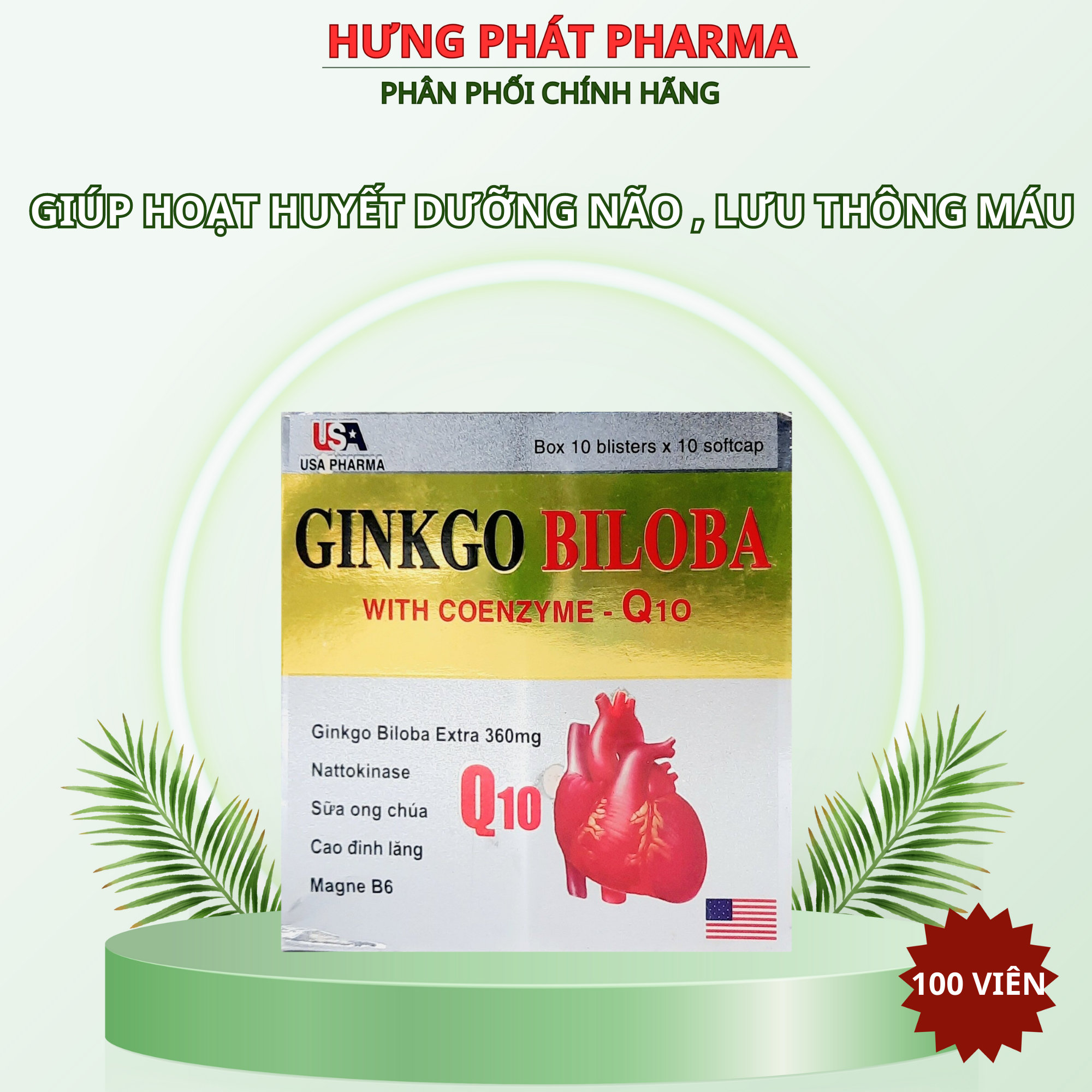 Ginkgo Biloba with Coenzyme- Q10 giúp hoạt huyết dưỡng lão, lưu thông máu, giảm mệt mỏi – hộp 100 viên