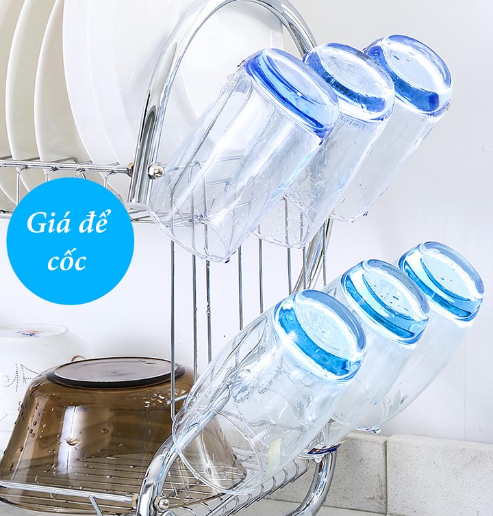 Giá kệ úp bát đĩa Inox 2 tầng có khay hứng nước hình chữ S