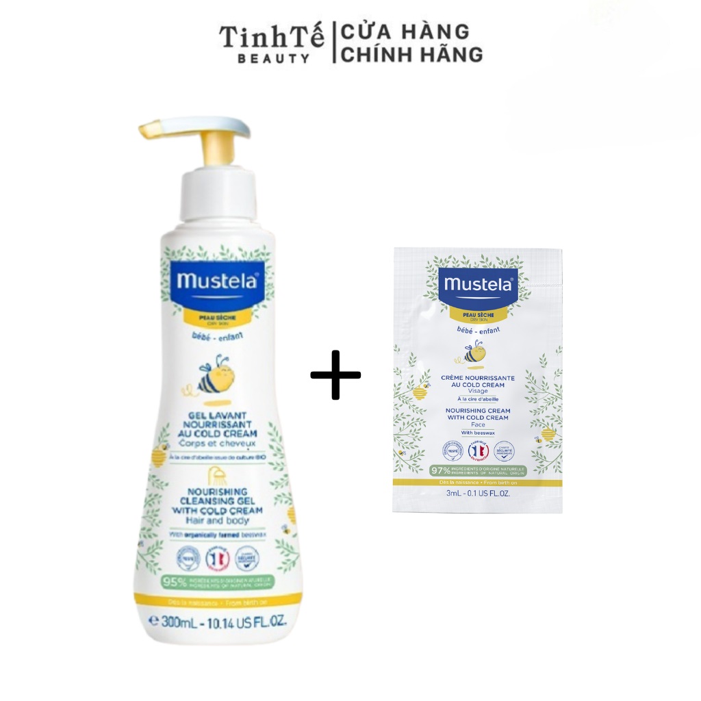 Combo Gel Tắm Gội Cho Bé Da Khô Nourishing Cleansing Gel with Cold Cream Mustela 300ml + Kem dưỡng WITH COLD CREAM 3ML