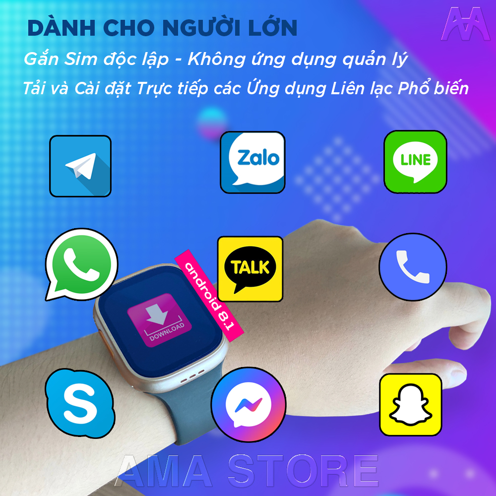 Đồng hồ Thông minh AMA Smart watch TK Titan Android 8.1 Lắp Sim Định vị GPS Google kết nối Wifi 4G Blueltooth tải App qua CH. play FB Messenger Skype Viber Wechat Line Tele xem được Video Youtube TikTok  chơi Game cho Trẻ em Người lớn Hàng nhập khẩu