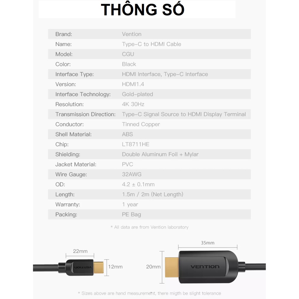 Cáp chuyển Type-C male ra HDMI male hỗ trợ Full HD Vention CGUB - Hàng chính hãng