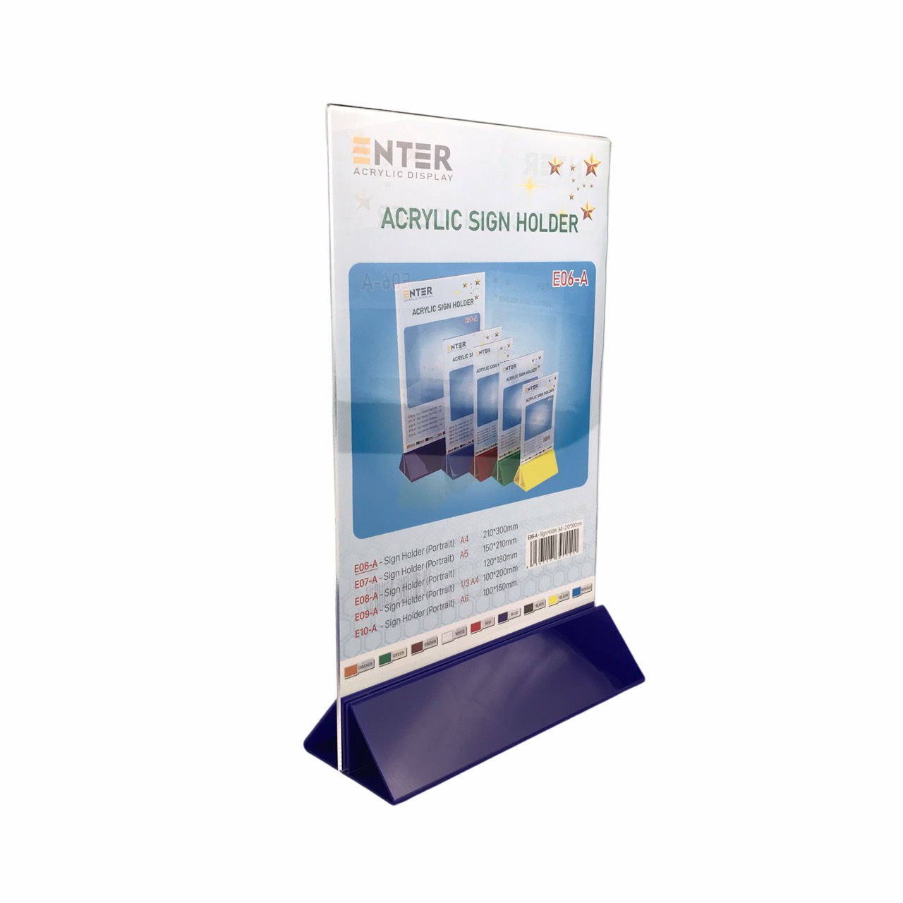 Kệ menu nhà hàng, Standee mica để bàn, Bảng quét mã QR Code, Kệ mica 2 mặt Enter E06-A 210x300mm đế lùa uốn chân chữ A