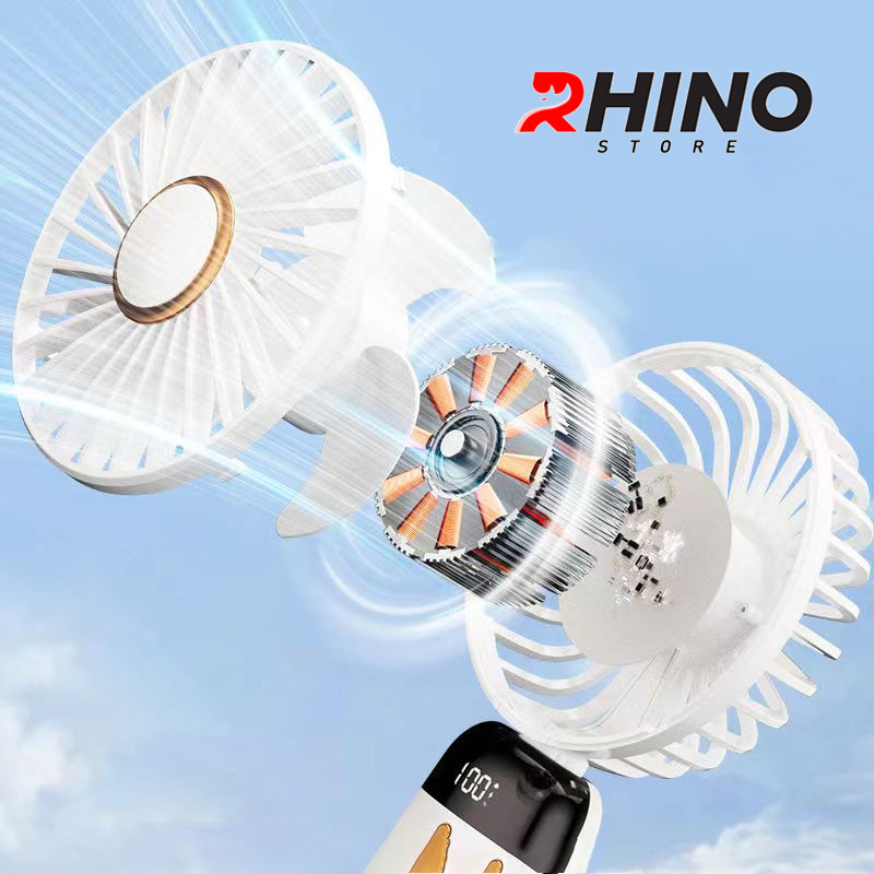 Quạt cầm tay mini siêu mát Rhino F401 tích điện với 5 mức độ gió, kèm đế, dây treo, lượng pin cao - Hàng chính hãng