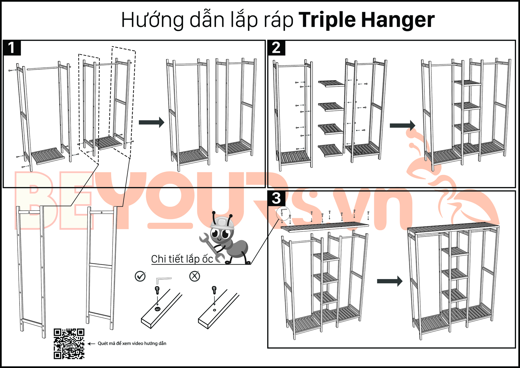 Giá Tủ Treo Quần Áo Gỗ Phối Kệ Triple Hanger Nội Thất Kiểu Hàn BEYOURs