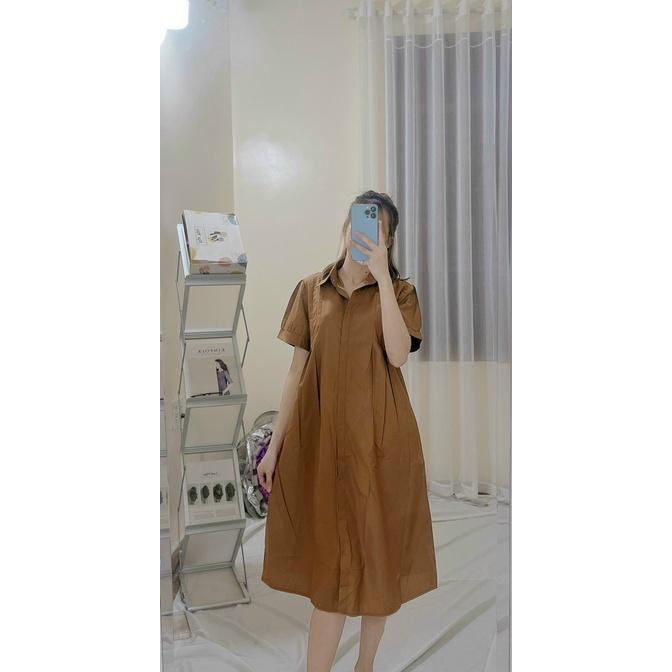 Váy Bầu Công Sở Ngắn Tay -Đầm Bầu Dáng Suông Cổ Sơ Mi Chất Mát freesize từ 45-70kg