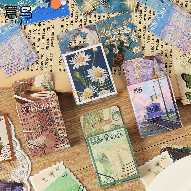 Hộp 46 pcs stickers dạng tem thư kiểu cổ điển vintage dùng để trang trí sổ tay nhật kí