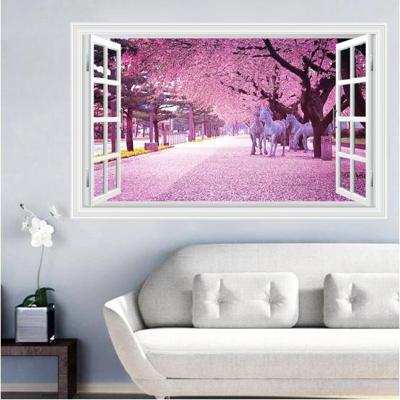 Decal trang trí khung cửa sổ 3D cảnh Ngựa Trắng và Hoa Anh Đào