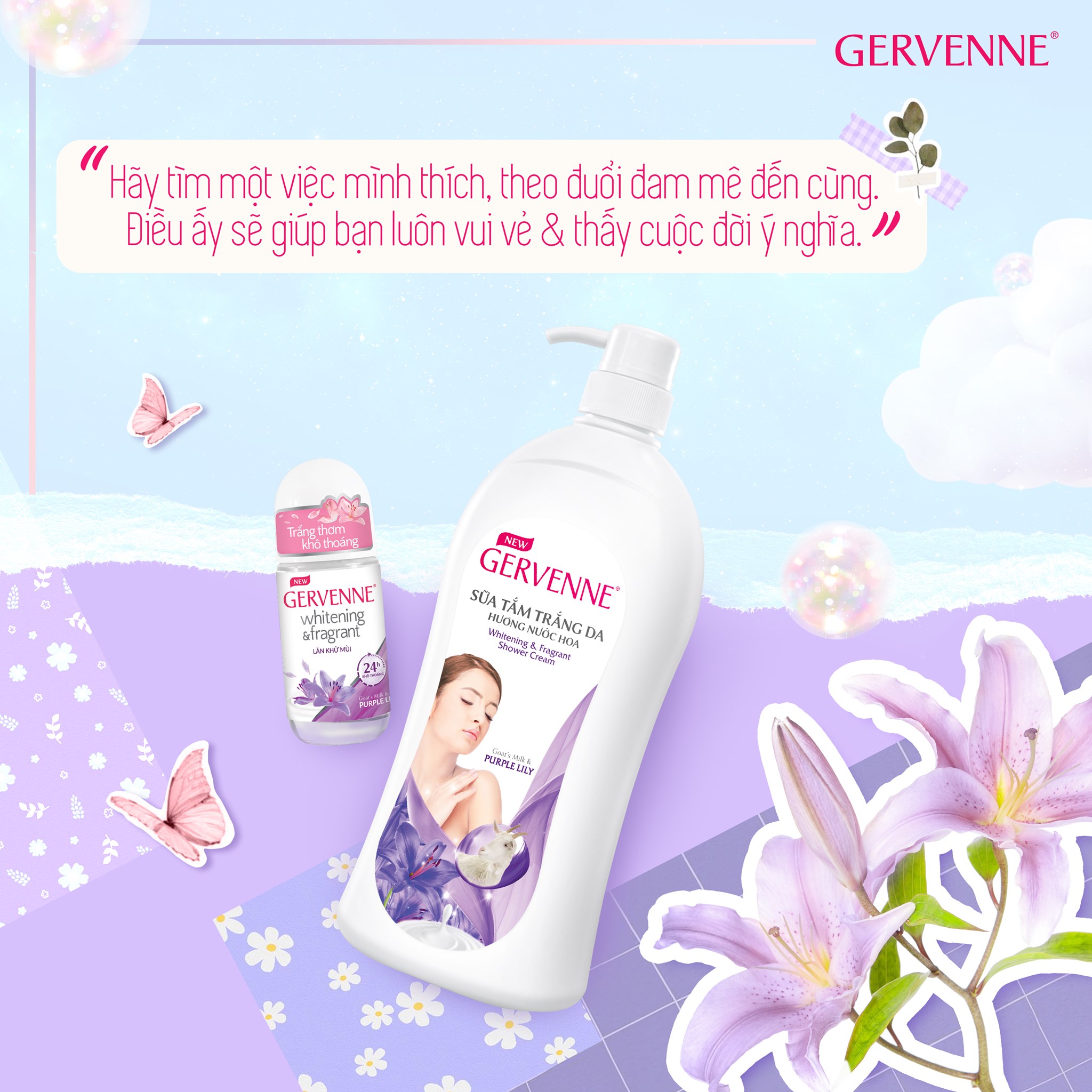 Sữa tắm trắng da Gervenne Purple Lily 900gr