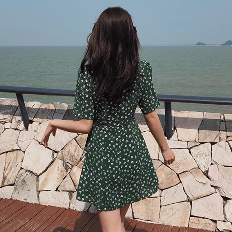 Đầm Nữ Ngắn Tay Cổ Chữ V In Hoa Thời Trang