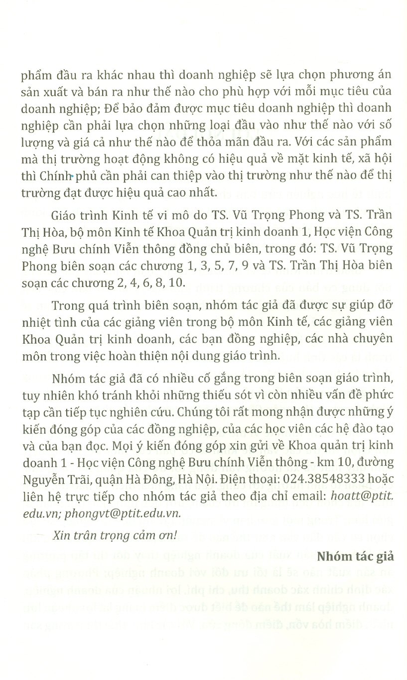 Giáo Trình Kinh Tế Vi Mô - TS. Vũ Trọng Phong &amp; TS. Trần Thị Hòa - (bìa mềm)