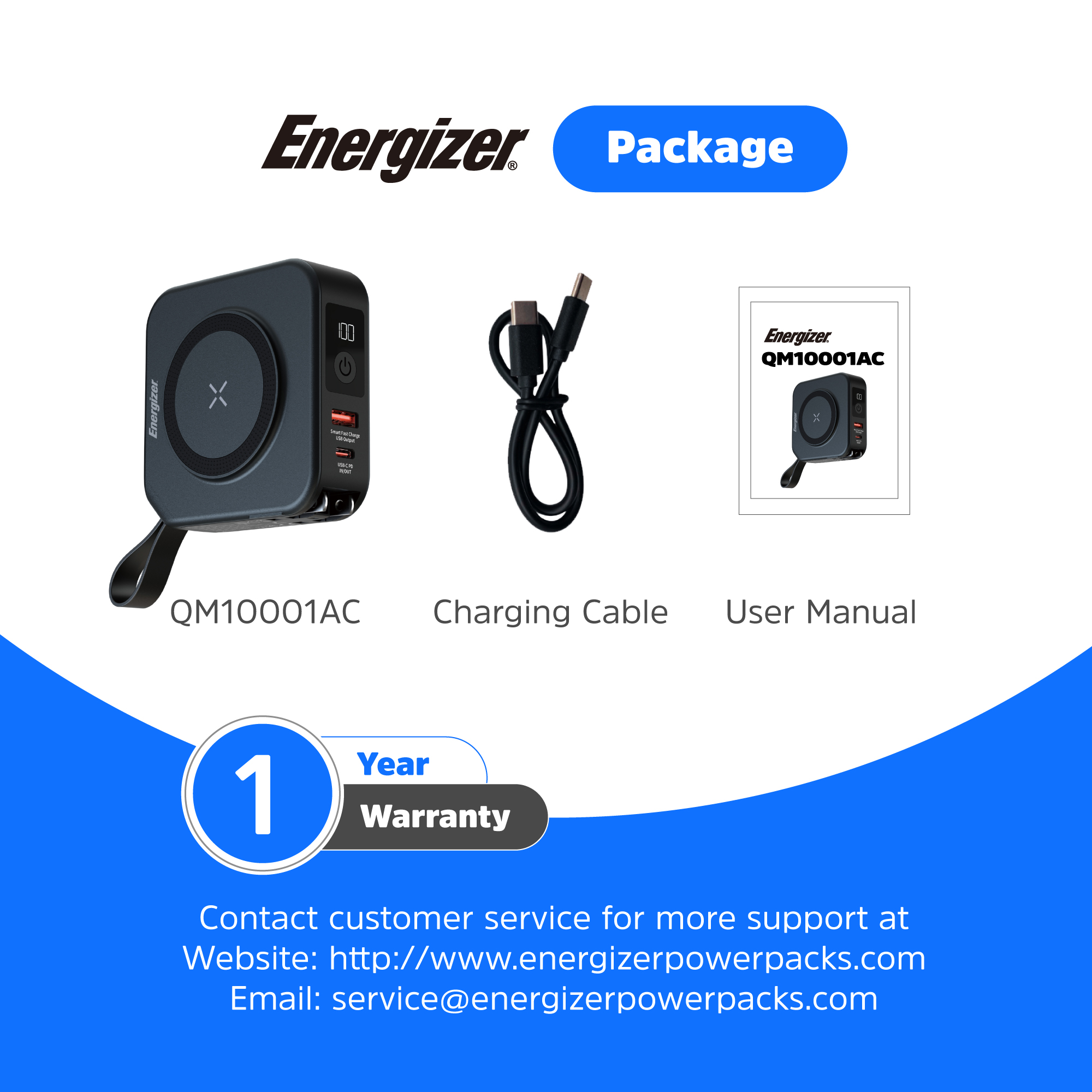 Sạc dự phòng Energizer 10,000mAh /3.7V Li-Polymer QM10001ACBK, bảo hành 24 tháng 1 đổi 1 - Hàng chính hãng