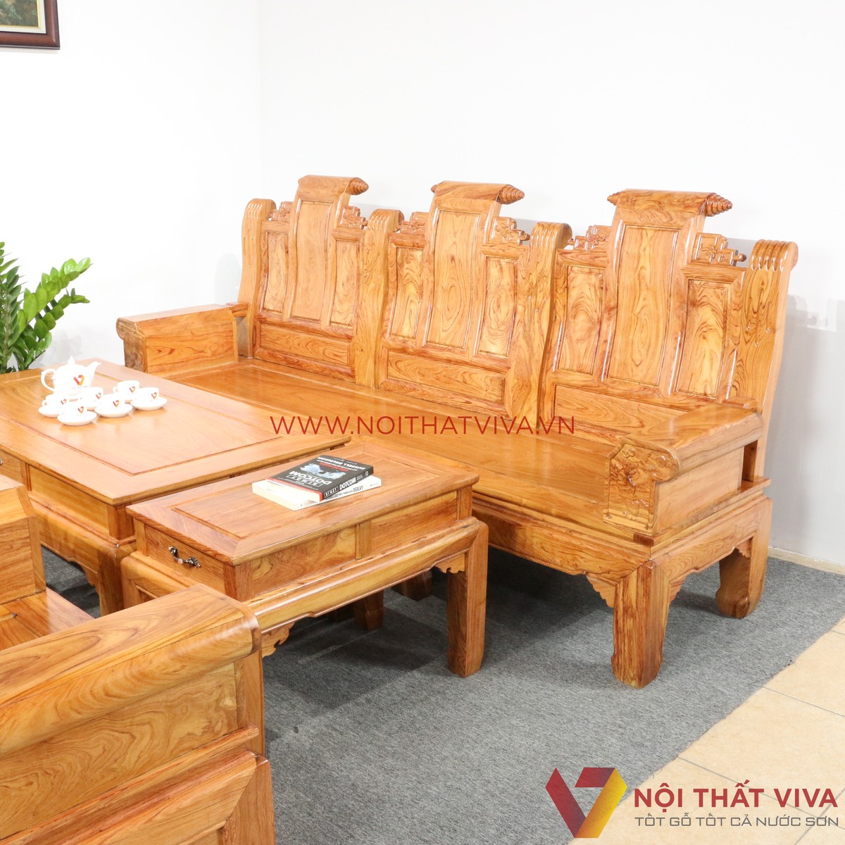 Bộ Bàn Ghế Salon Tần Thủy Hoàng Gỗ Hương Đá Chạm Tượng 6 Món Cao Cấp