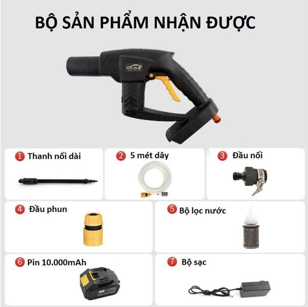 Máy xịt rửa xe ô tô xe máy tăng áp không dây pin lithium 21V 2-D1-2187