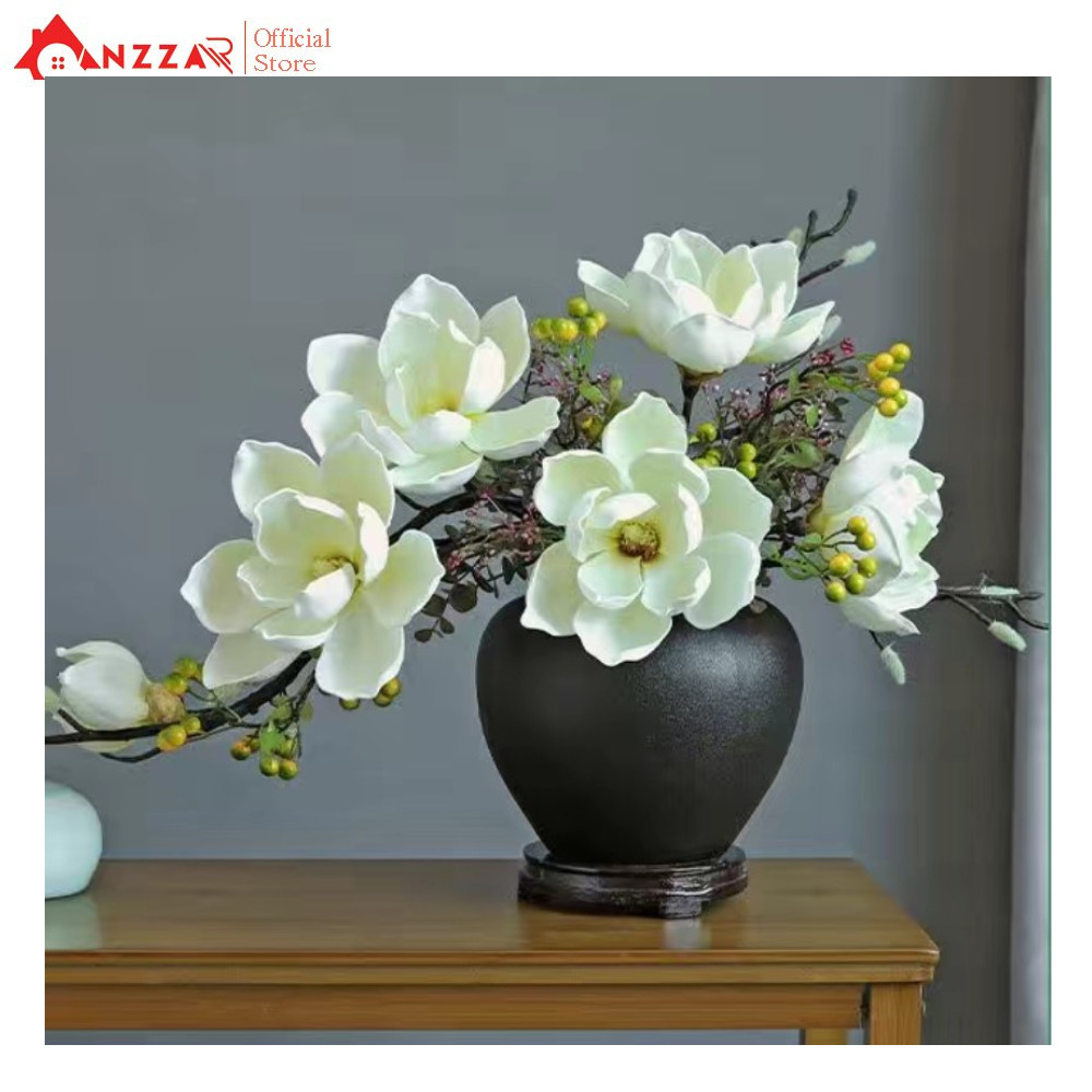 Bình hoa mộc lan 40cm hoa giả cao cấp để bàn, kệ tủ trang trí phòng khách, decor nhà hàng, spa đẹp sang trọng, làm quà tặng ý nghĩa – Trắng